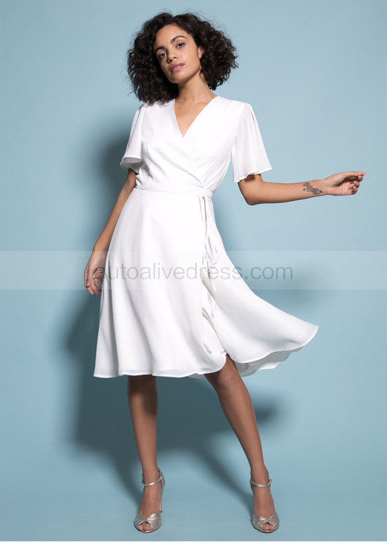Short Sleeve Ivory Crepe Knee Length Bridesmaid Dress